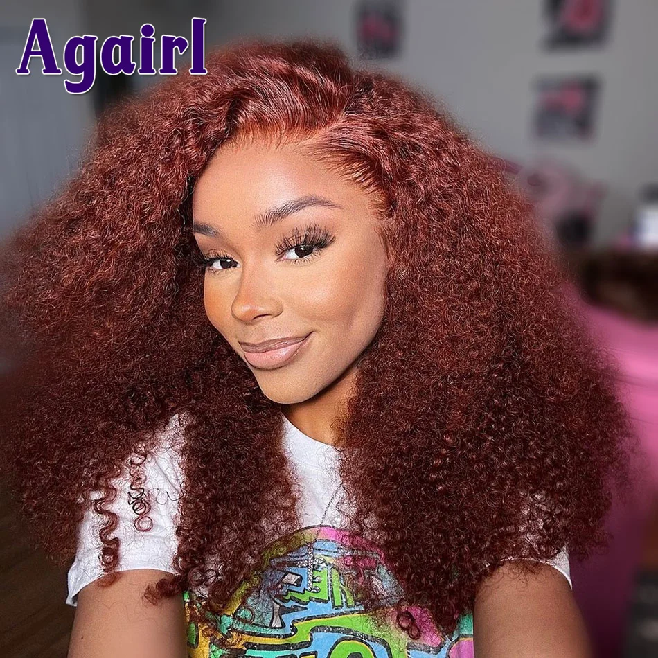 Top Trends: 34 Inch Reddish Brown Jerry Curly 13x4 Lace Frontal Wigs Human Hair Dark Red Brown Pre Plucked Kinky Curly 4X4 Lace Closure Wigs Shoppable Styles