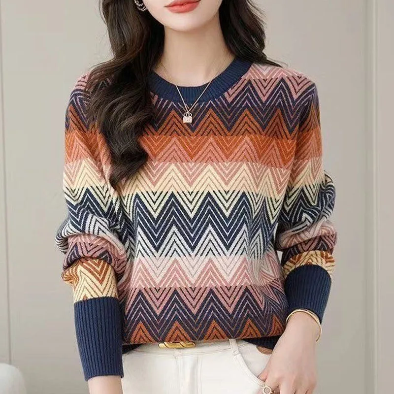 Top Trends: New Autumn / Winter Fashion Trend Rainbow Stripe Round Neck Loose Versatile Casual Western Style Reduced Age Women's Sweater Shoppable Styles