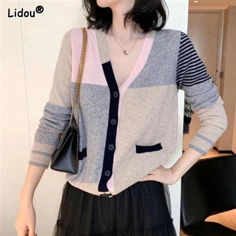 Top Trends: 2023 New Spring And Autumn Fashion Simple And Versatile V-neck Panel Contrast Pocket Loose Casual Knitted Sweater Cardigan Shoppable Styles