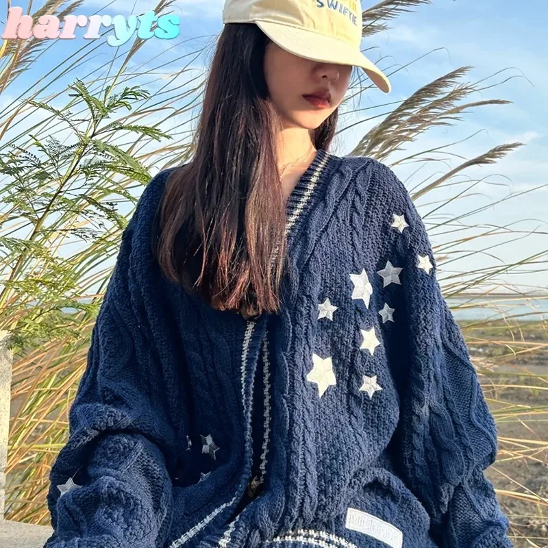 Top Trends: Autumn Star Embroidery Midnight Blue Cotton Knitted Cardigans Women Spring Warm Loose Fit Sweaters For Women Y2k Cardigan Shoppable Styles