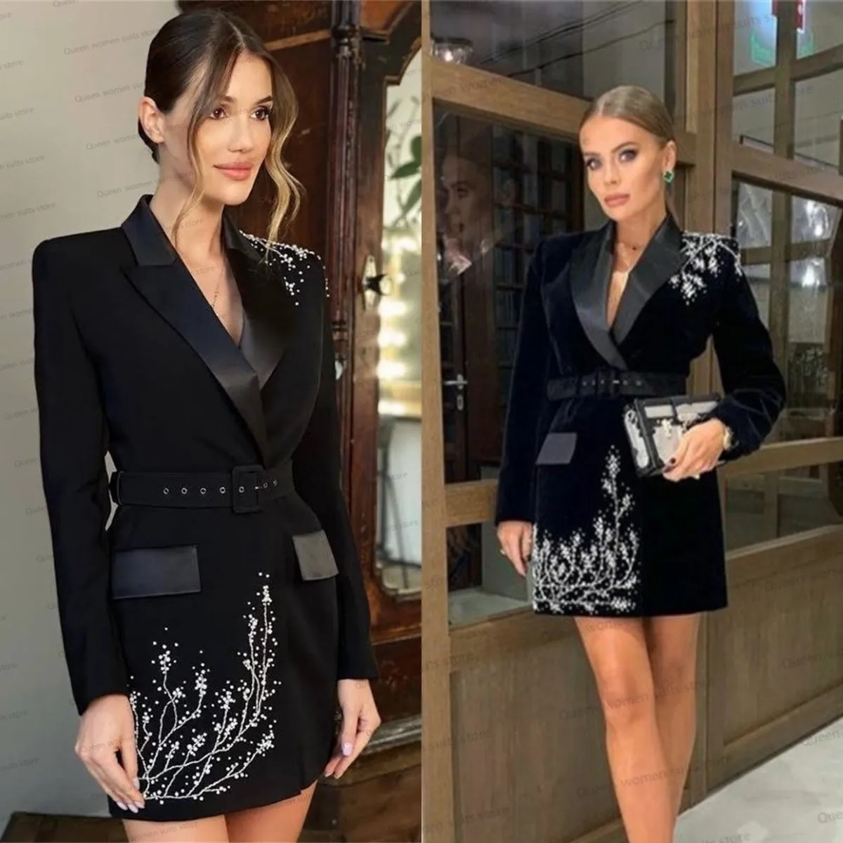 Top Trends: Black Perals Wedding Tuxedo Women Suits Dress 1Pcs Blazer With Belt Luxury Beads Costumes Pour Femmes Tailored Cotton Jacket Shoppable Styles