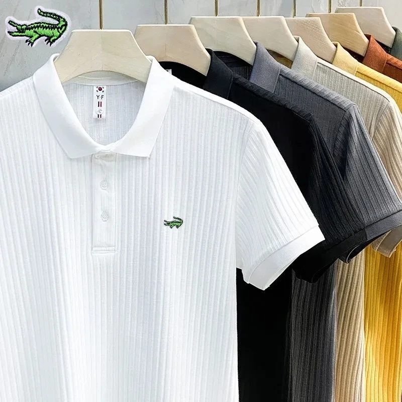 Top Trends: Men's Embroidery Brand Knitted Stripe Ice Polo Shirt Korean Version High End Spring / Summer Business Casual Short Sleeve T-shirt Shoppable Styles