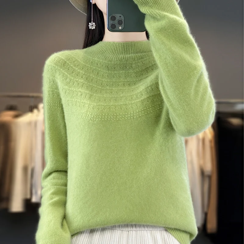 Top Trends: Autumn And Winter New Female 100% Pure Wool Pullover Solid Color Semi-high Collar Long Sleeve Loose Hollow Cashmere Sweater Top Shoppable Styles