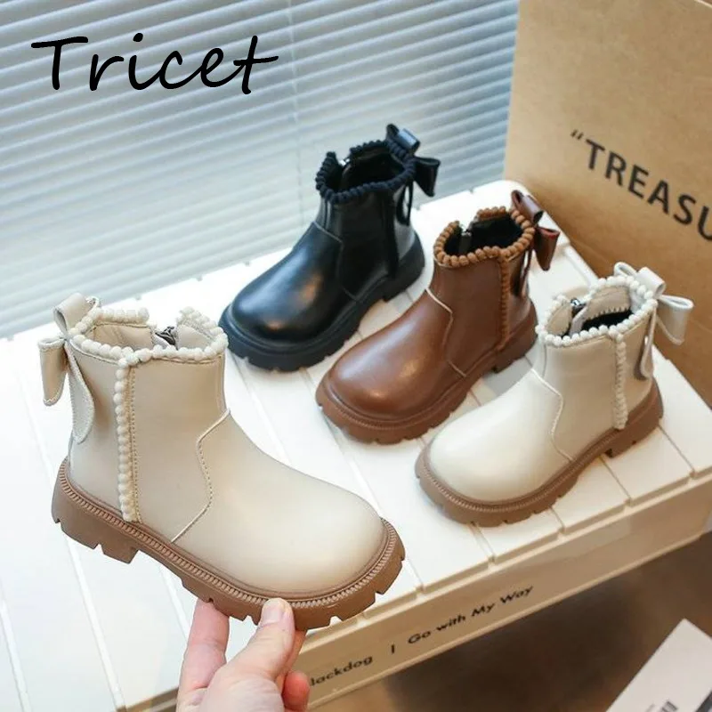 Top Trends: Autumn Winter Bow Girls Fashion Boots PU Leather Solid Kids Ankle Shoes Thin Plush Zip Princess Toddler Children Chelsea Boots Shoppable Styles