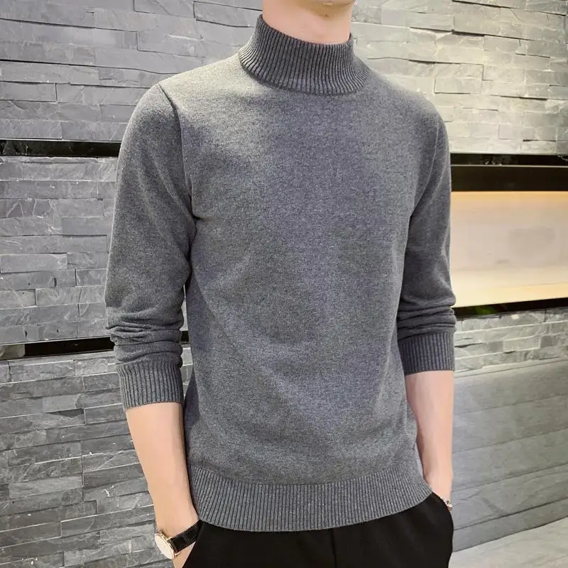 Top Trends: 2023 Autumn And Winter Korean Casual Pullover Solid Color Simple Half High Neck Slim Fitting Long Sleeved Men&#039;s Knitted Sweater Shoppable Styles