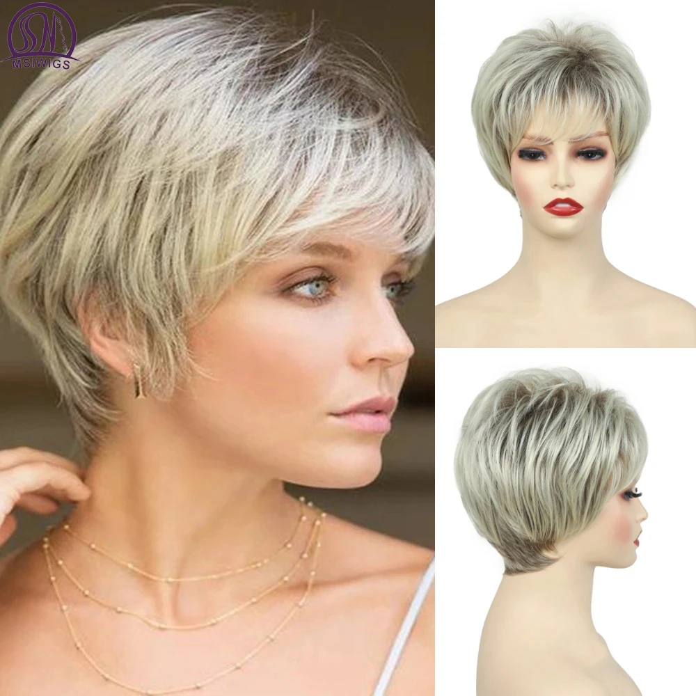 Top Trends: MSWIGS Lady Short Cut Wigs Blonde Synthetic Wig With Bangs Brown Heat Resistant Afro Two Tone Ombre Hair For Women White Shoppable Styles