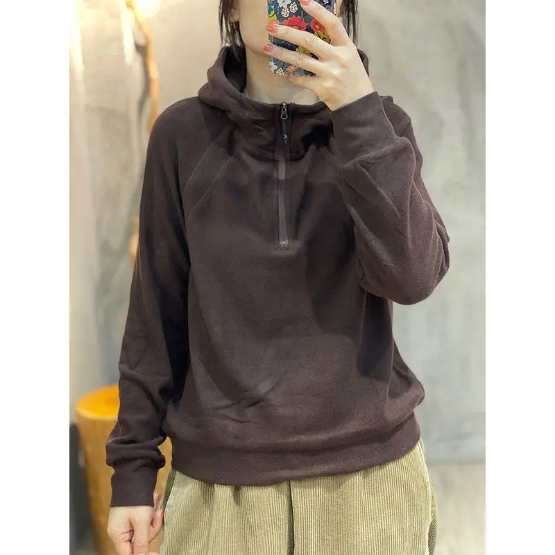 Top Trends: Women's Solid Color Hooded Zipper Patchwork Pullover Hoodies 2023 Autumn And Winter New Commute Loose Long Sleeve Casual Tops Shoppable Styles - Image 3