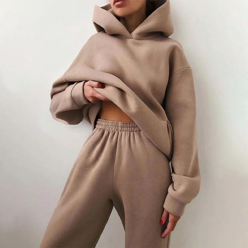 Top Trends: Fleece-lined Tracksuits Women Casual Hoodies Sweatpants Solid Warm Suits Autumn Winter Pullover Sweatshirts Pants 2 Piece Set Shoppable Styles