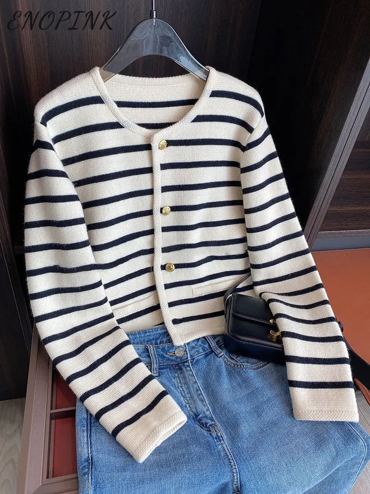 Top Trends: Elegant Black Striped Sweater Cardigan Women Long Sleeve O Neck Knitted Sweater Short Cardigan Female 2023 Spring Korean Top Shoppable Styles