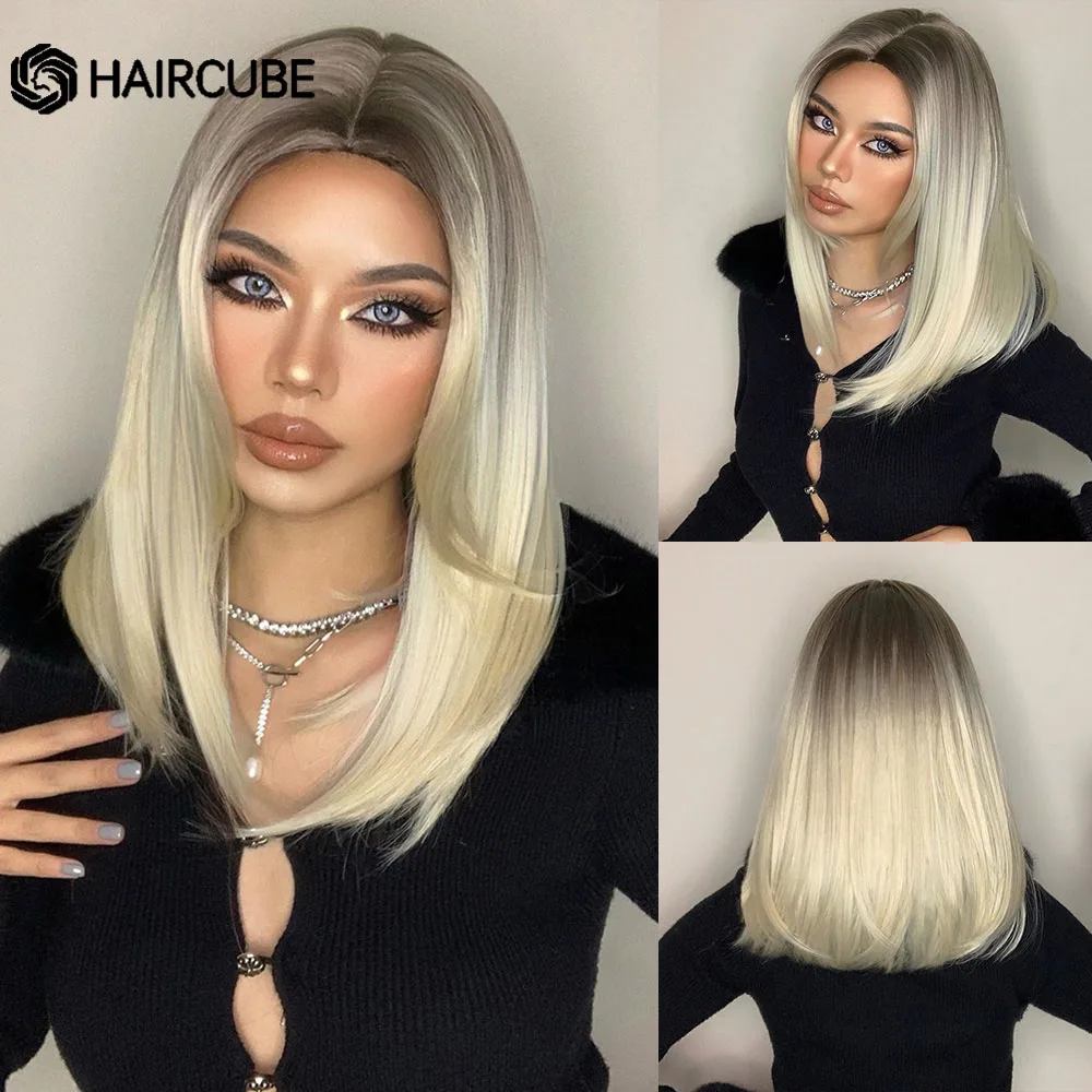 Top Trends: Brown To Light Blonde Ombre Hair Medium Straight Natural Bob Synthetic Wigs Middle Part For Women Heat Resistant Cosplay Wigs Shoppable Styles