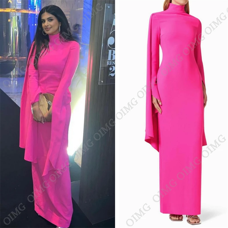 Top Trends: OIMG Pink Long Jacket Sleeves O Neck Formal Party Dresses High Neck Beach Satin Evening Gowns Night Club Dress Robe De Soiree Shoppable Styles