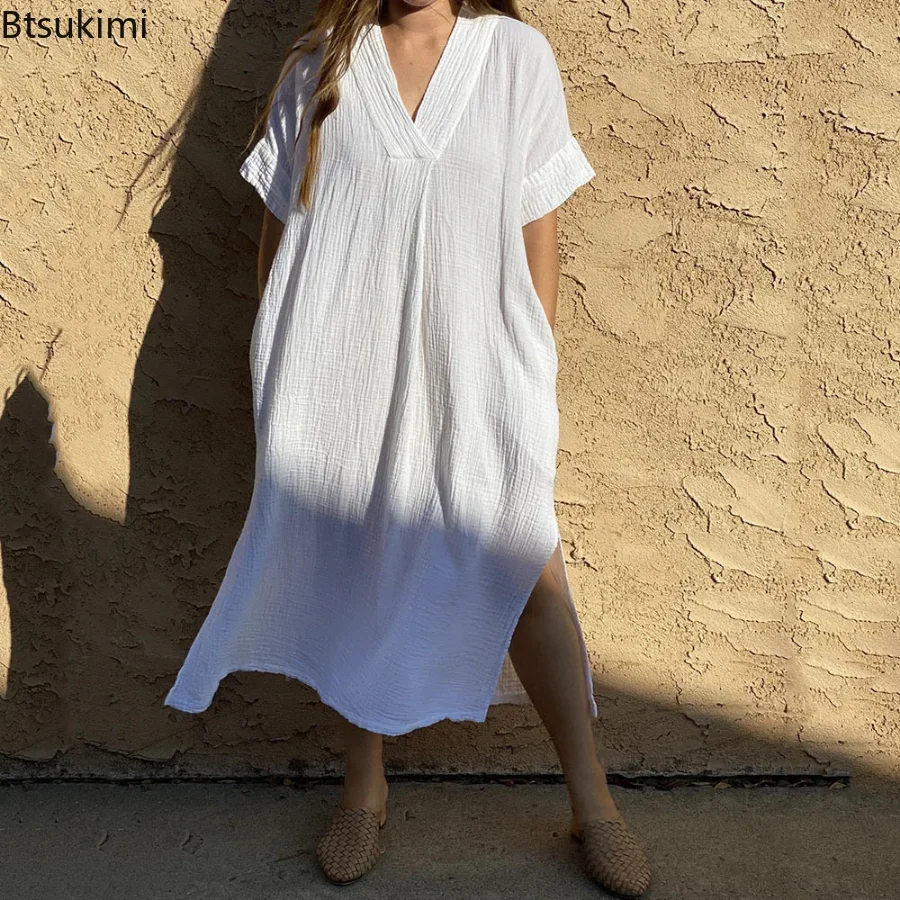 Top Trends: New Summer Beach Cover Ups For Swimwear Solid Kaftans V Neck Wrinkle Rayon Bohemian Maxi Dresses Swimwear Bathing Suits 2024 Shoppable Styles