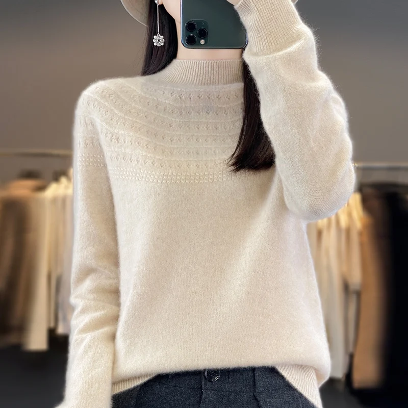 Top Trends: Women&#039;s Autumn Winter New Long Sleeve Solid Half High Neck Hollow Out Fashion Korean100Cashmere Wool Knit Pullover Basic Sweater Shoppable Styles