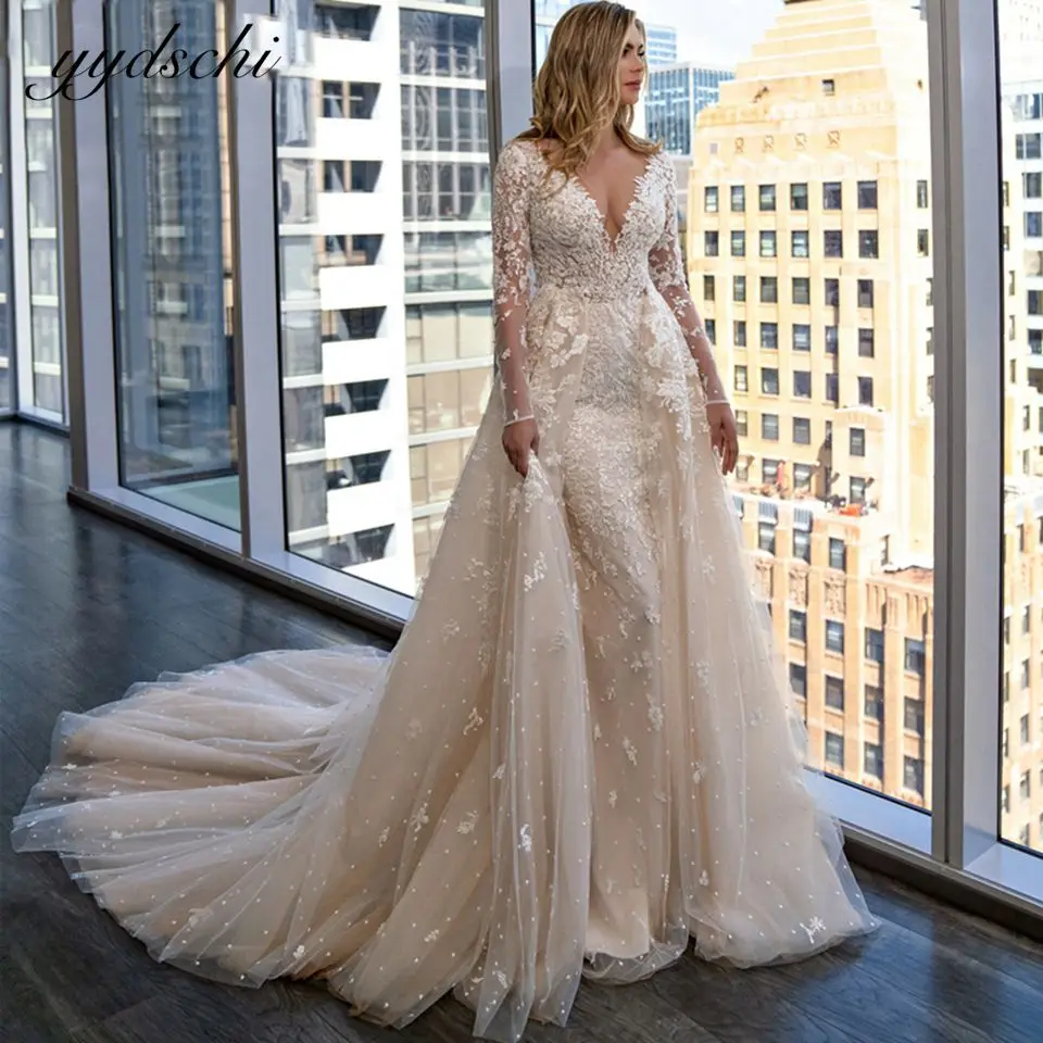 Top Trends: Luxurious Mermaid Wedding Dresses Detachable 2 In 1 Lace Appliques With Train V-Neck Full Sleeves Bride Gowns Vestido De Novia Shoppable Styles