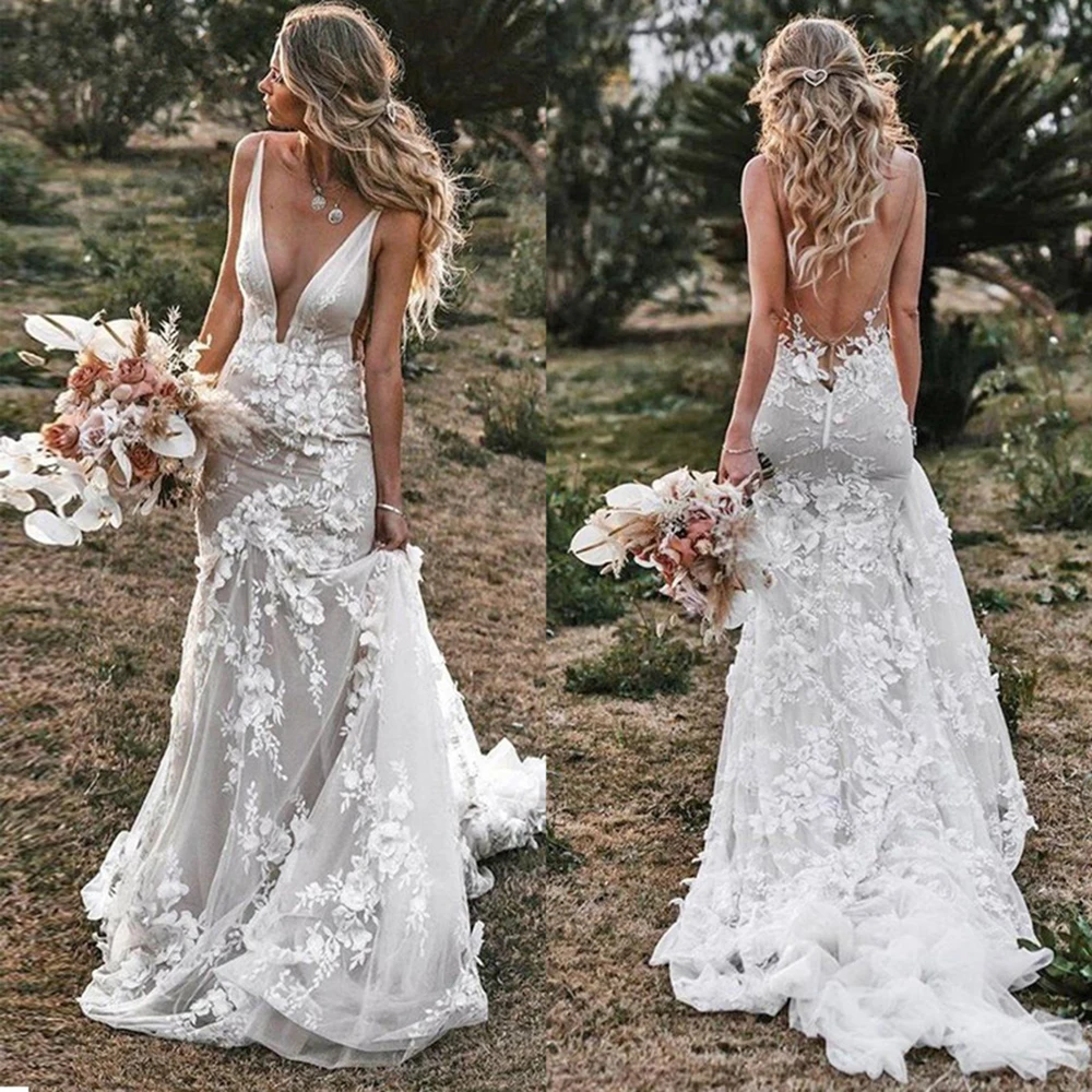 Top Trends: Vintage Mermaid Spaghetti Wedding Dress V-Neck 3D Flowers Appliques Boho Backless Bride Gown Sleeveless Train Robe De Mariée Shoppable Styles