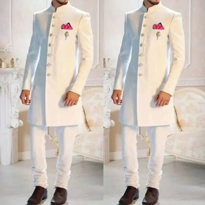 Top Trends: Fashion Design White Stand Collar Single Breasted Ethnic Indian Tuxedo Groom Long Suits For Men Wedding Formal Slim Fit Wear 2Pc Shoppable Styles