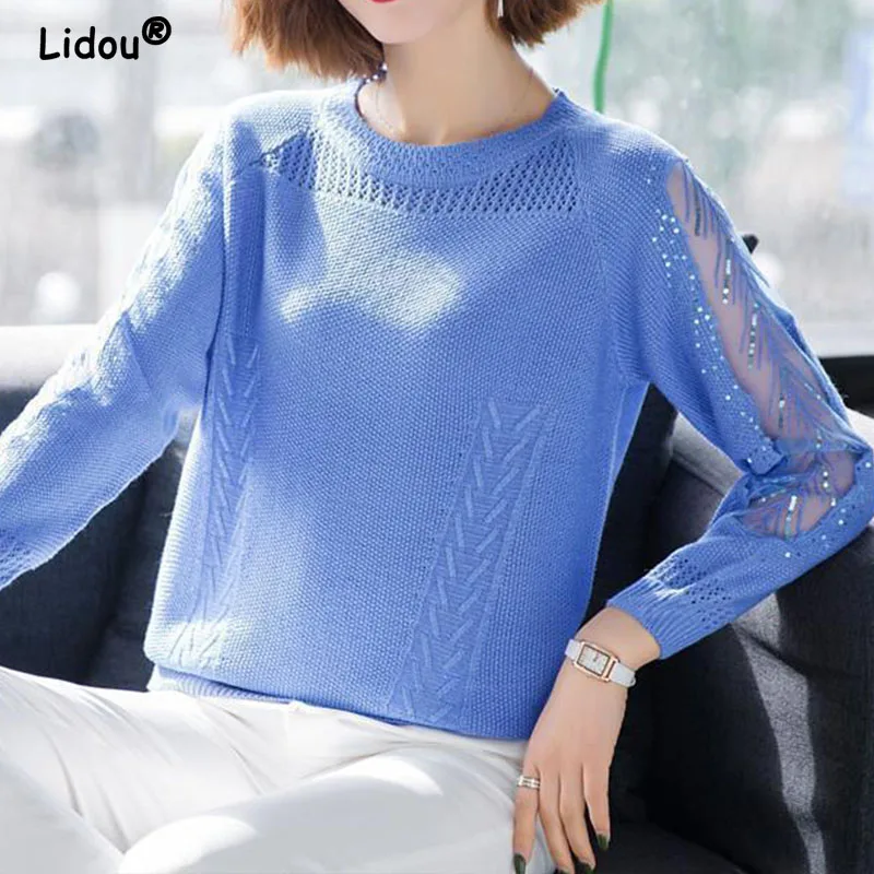 Top Trends: Elegant Fashion O-Neck Hollow Lace Knitted Sweater For Women Pullovers 2022 Long Sleeve Diamonds Women's Sweater Chic Korean Top Shoppable Styles