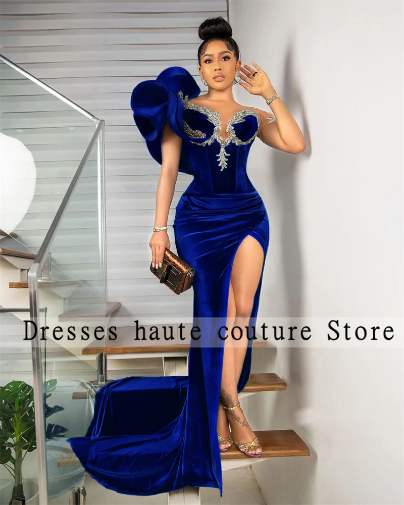 Top Trends: Royal Blue Mermaid Prom Dresses 2024 Ruffles Velvet Beaded One Sleeve Evening Dresses Wedding Party Gown Robe De Soirée Shoppable Styles