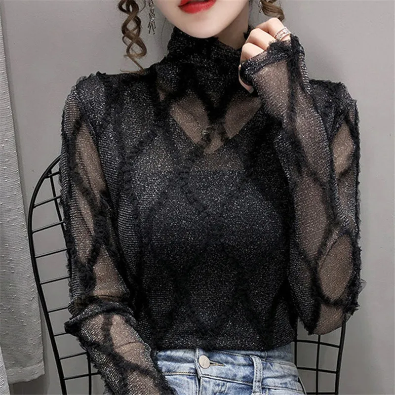 Top Trends: Autumn Winter Korean High Collar Long Sleeve Mesh Bright Silk Sexy Slim Basic Tops Women Fashion Elegant Chic Pullovers T-shirts Shoppable Styles