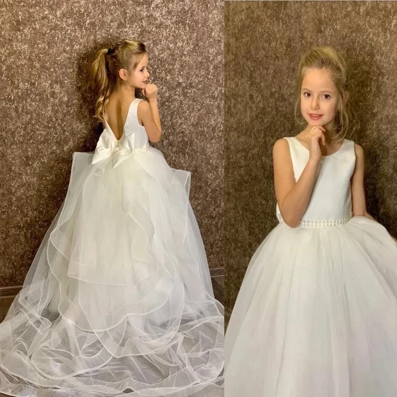 Top Trends: White Boho Flower Girl Dresses With Long Train Bow Back Lilttle Pageant Gowns Vestido De Daminha Infantil Bow Decorated Dress Shoppable Styles