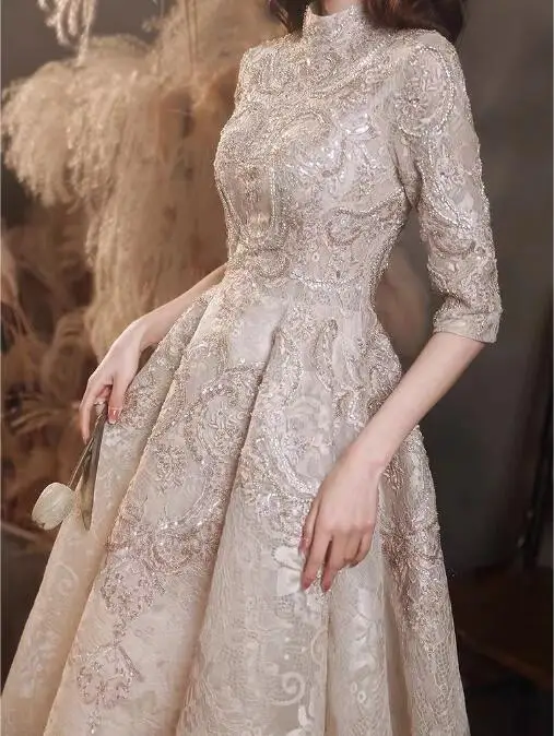 Top Trends: Luxury Champagne Prom Dresses Half Sleeves Lace Beaded Elegant Formal High Neck A-Line Long Wedding Celebrity Evening Gowns New Shoppable Styles