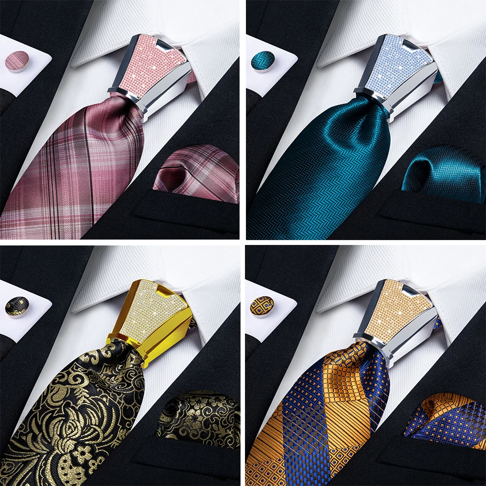 Top Trends: Pink Blue Gold Silver Silk Ties For Men With Luxury Plastic Tie Buckle Business Wedding Mens Suits Accessory Gift Handkerchief Shoppable Styles