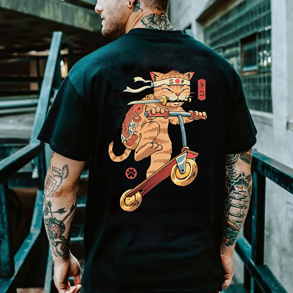 Top Trends: Cartoon Anime Samurai Cat Printed T Shirt For Men Outdoor Hip Hop Harajuku Vintage Clothes Casual O-neck Loose Short Sleeve Tees Shoppable Styles