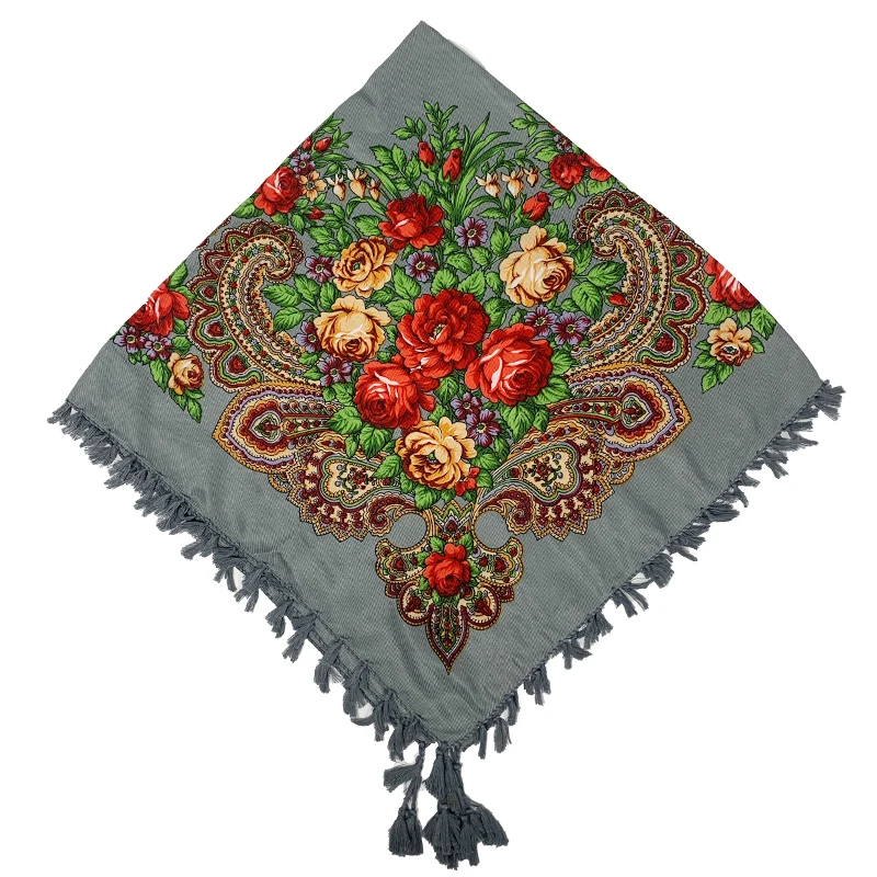 Top Trends: 90*90cm Russian Square Scarf Women Floral Print Bandana Shawl Retro Fringed Babushka Handkerchief Head Wraps Ethnic Shawls Shoppable Styles