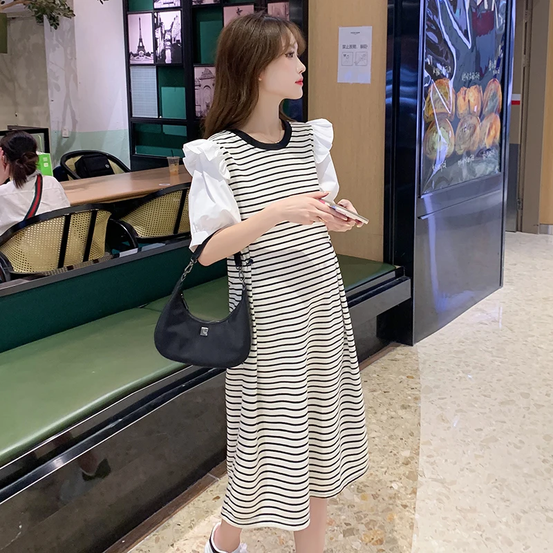 Top Trends: 2023 Summer Maternity Dress Ruffles Patchwork Puff Sleeve O-Neck Faux Two Pieces Adjustable Waist Pregnant Woman Striped Dresses Shoppable Styles