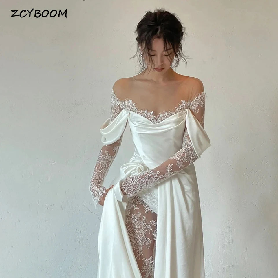 Top Trends: Elegant White O-Neck Lace Long Sleeves Wedding Dresses 2023 A-Line Floor Length Sweep Train Side Slit Satin Zipper Bridal Gown Shoppable Styles