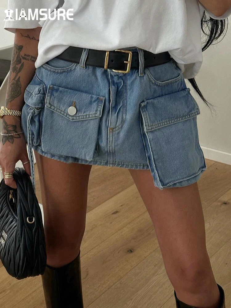 Top Trends: IAMSURE Safari Style Big Pockets Denim Skirt Sexy Slim Mid-Waisted Mini Skirts Women 2023 Summer Fashion Streetwear Ladies Shoppable Styles