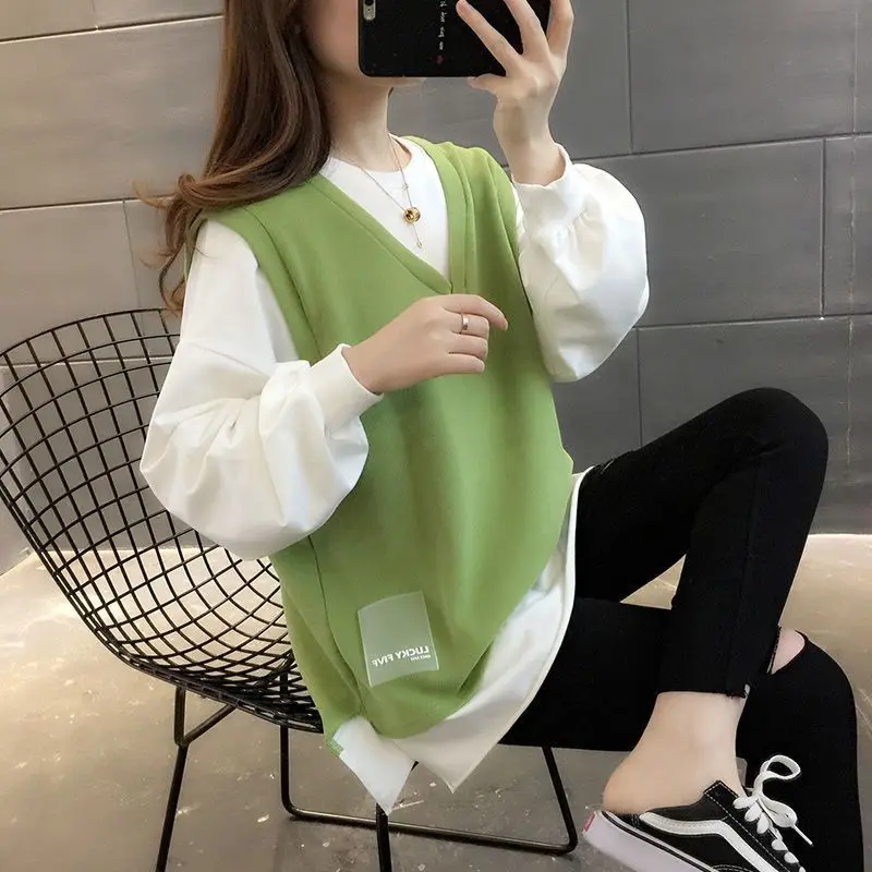 Top Trends: Women&#039;s Fake Two Pieces Round Neck Patchwork 2023 Spring And Autumn New Korean Loose Long Sleeved Knitted Pullover T-shirt Tops Shoppable Styles