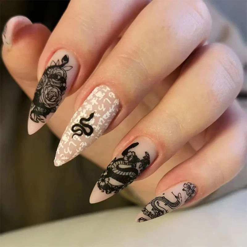 Top Trends: 24p / Box Long Ballet Acrylic Press On Nails Set Gothic Armor Fake Nails Dark Serpentine Flower False Nail Fashion Retro Removable Shoppable Styles