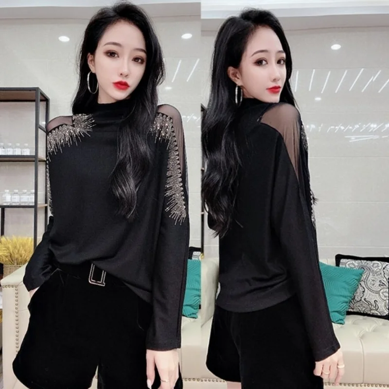 Top Trends: Cool Pulovers Skinny Tees Glitter Rhinestone Sexy T Shirts Female Black Clothes Long Sleeve Top For Women Aesthetic Wholesale O Shoppable Styles