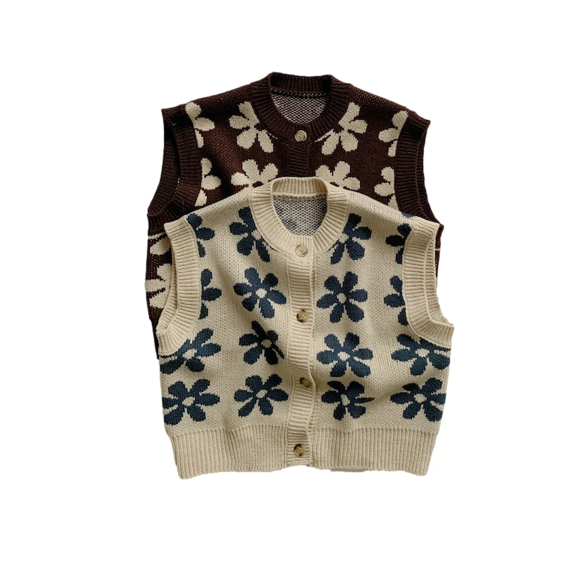 Top Trends: New Autumn Baby Knit Vest Retro Flower Sleeveless Garment Kids Cardigan For Girls Boy Sweater Children Clothing Baby Clothes Shoppable Styles