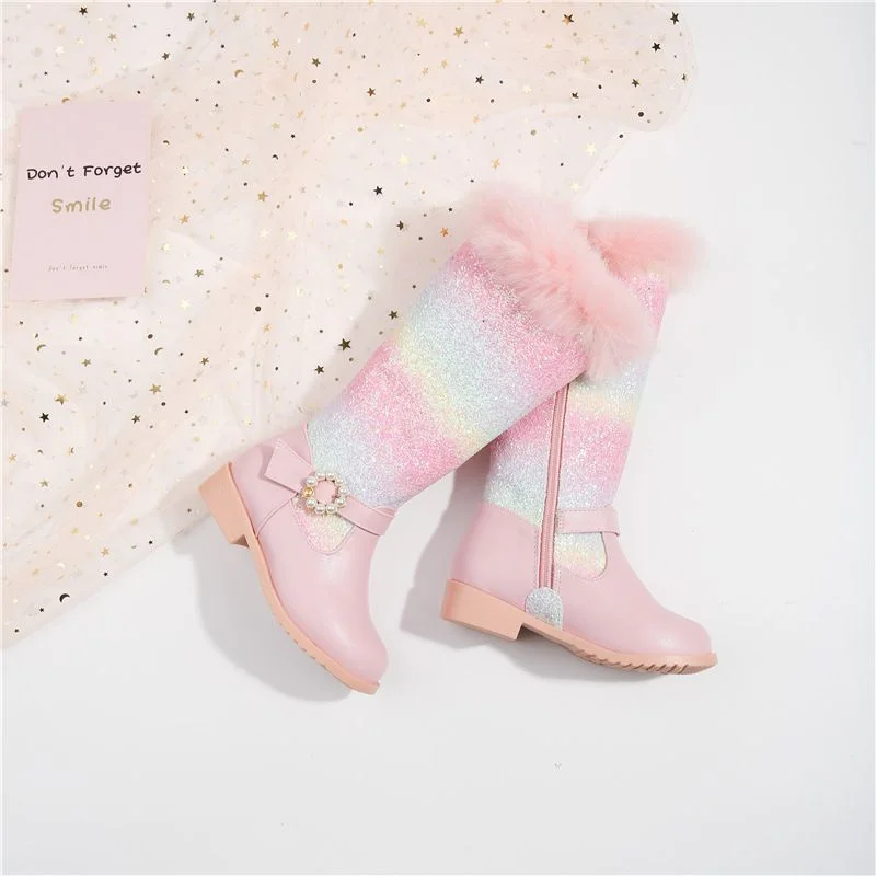 Top Trends: 2023 New Autumn Winter Girls Rainbow Princess Fashion Children Pink Boots Knee Length Boots Plush Fur Girls Shoes Shoppable Styles