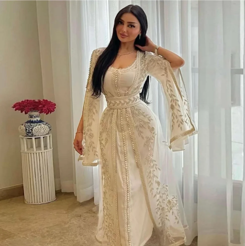 Top Trends: Private Custom Luxury Kaftan Arabic Moroccan Dubai Abaya Evening Dresses Muslim Long Sleeve Ivory Women Wedding Party Gowns Shoppable Styles