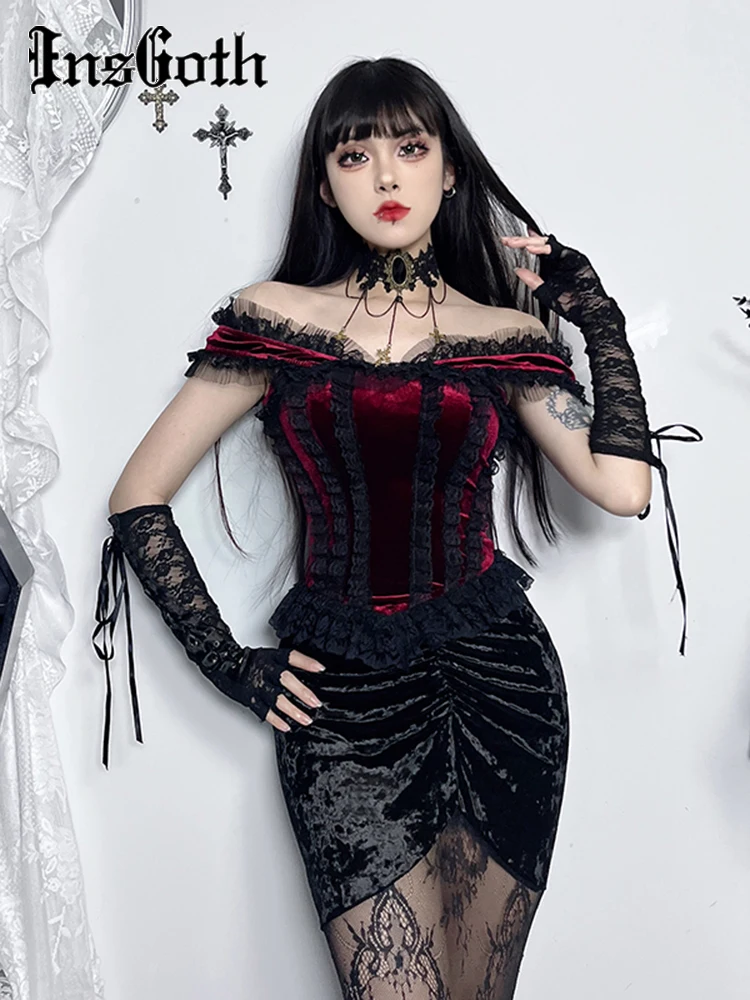 Top Trends: InsGoth Gothic Ruched Lace Trim Velvet Crop Top Women Harajuku Vintage Asymmetrical Hem T Shirt E-girl Punk Grunge Tube Top Shoppable Styles