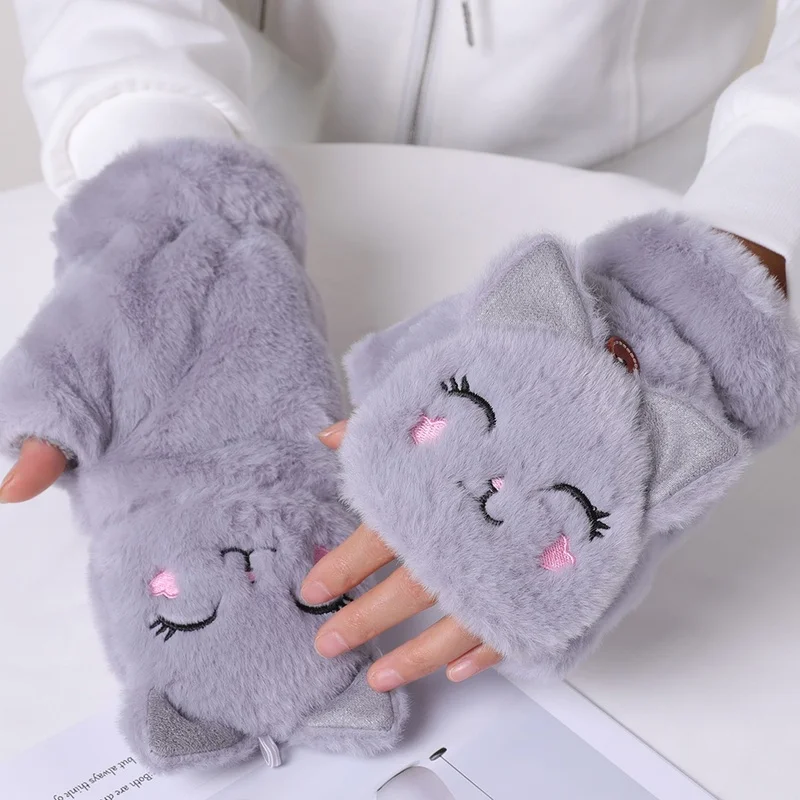 Top Trends: Winter Cat Rabbit Mittens Fingerless Gloves Thick Soft Plush Winter Warm Glove For Women Girls Half Finger Flip Gloves Mttten Shoppable Styles