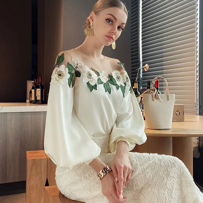 Top Trends: Blouses Women Fashion 2023 Latest Spring And Autumn Seasons Gentle Wind Mesh Embroidered Casual White Tops Long Sleeved Shirt Shoppable Styles