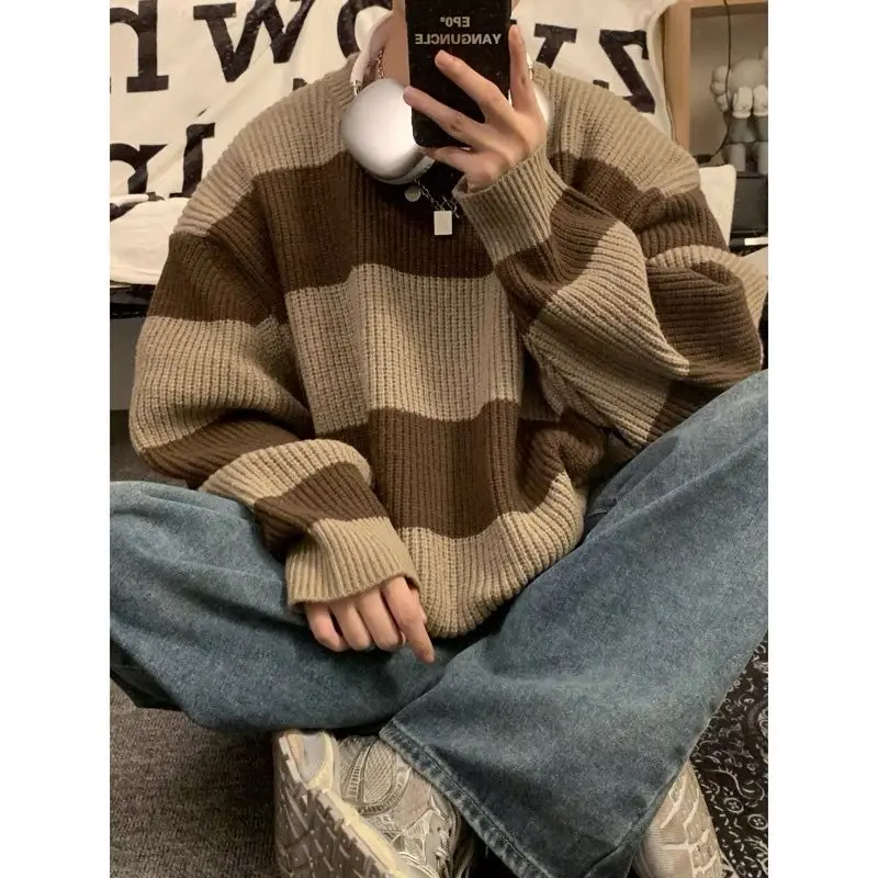 Top Trends: Korean Style Patchwork Striped Sweater For Men In Autumn And Winter Lazy Loose Knitted Sweater Round Neck Retro Trendy Sweater Shoppable Styles