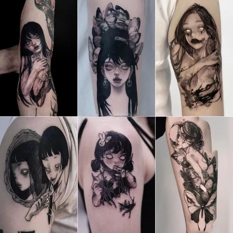 Top Trends: 6pc / Lot Dark Girl Deer Skull Tatuajes Temporales Para Mujer Waterproof Flower Arm Horror Doll Fake Tattoo Temporary Tattoo Anime Shoppable Styles