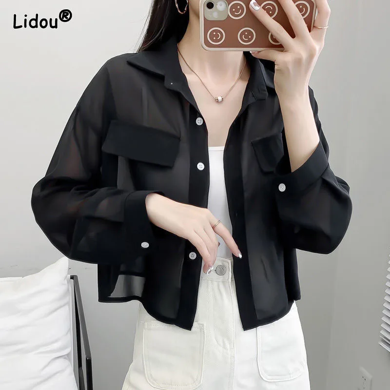 Top Trends: Office Lady Spring Summer Thin Solid Women&#039;s Clothing Loose Polo-Neck Button Chiffon Single Breasted Short Clothes Women Shirt Shoppable Styles