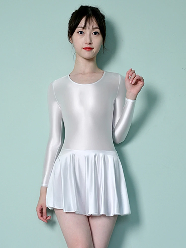 Top Trends: Satin Smooth Glossy Dress Oily Long Sleeve Crotch Sports Swimming Yoga Skirt Ballet Skirt Long Sleeve Party Skirt Leotard Shoppable Styles