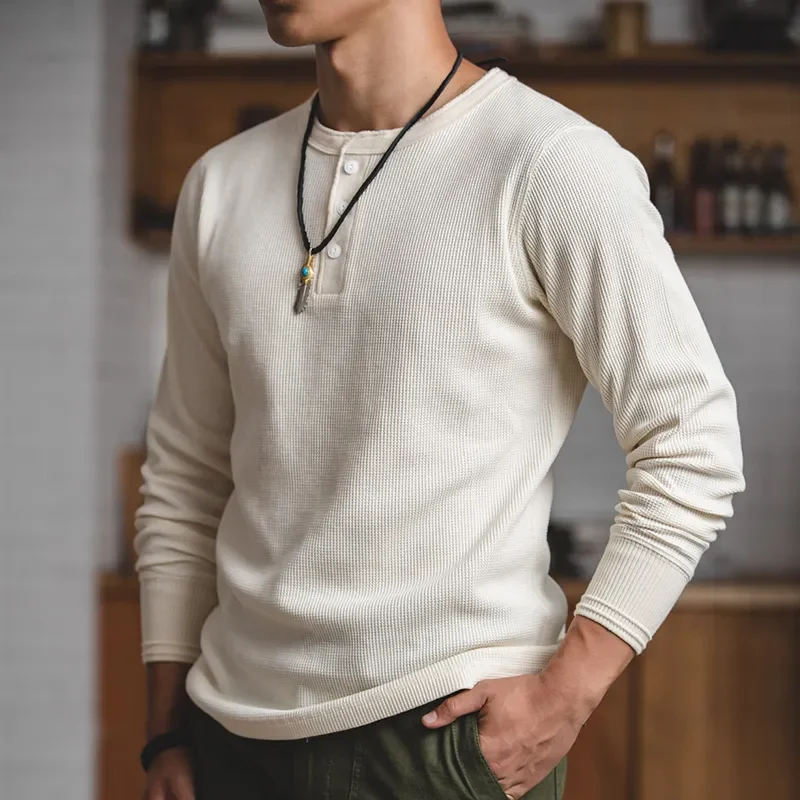 Top Trends: Maden Fit Long-sleeved Pullover T-shirts Men Waffle Cotton Henry T-shirt Sweater Tee Man Clothing Regularly （White ） Shoppable Styles