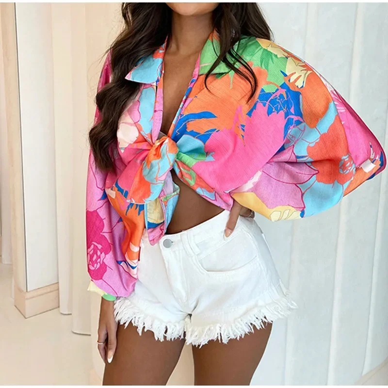 Top Trends: Sexy Printed Oversized Women&#039;s Shirt Lace Up Long Batwing Sleeve Lapel Fashion Cardigan Female Top 2022 New Spring Street Shirts Shoppable Styles