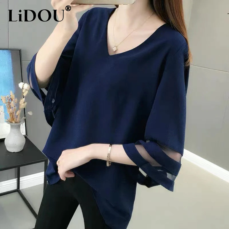 Top Trends: 2022 Summer Solid V-neck Mesh Patchwork Loose Casual Shirt Top Women Half Sleeve Oversized Fashion Blusa Simple Pullover Blouse Shoppable Styles