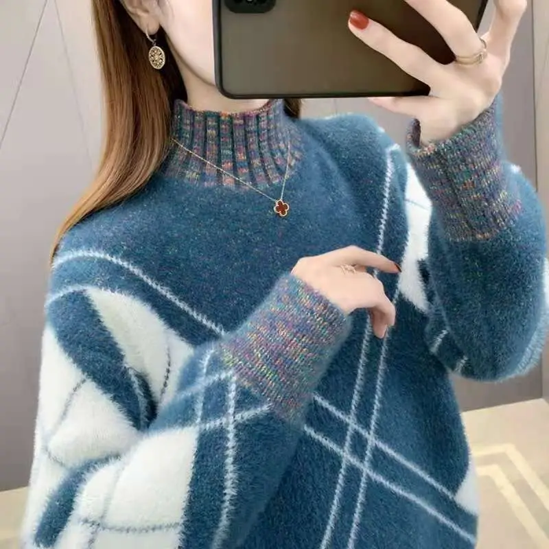 Top Trends: 2023 Autumn And Winter Women's Pullover Half High Collar Printing Geometric Fashion Casual Elegant Long Sleeve Sweater Shoppable Styles