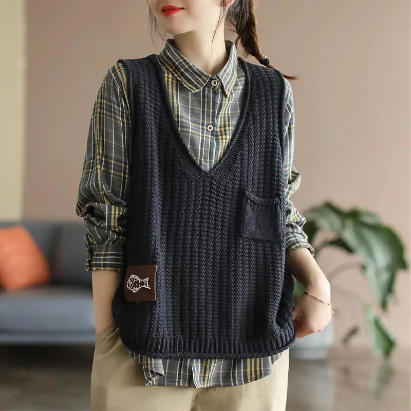 Top Trends: Vintage Women Knitted Sleeveless Sweaters Vest Spring Autumn New Fashion Loose Pullover V-Neck Korean Oversized Casual Tops 2023 Shoppable Styles