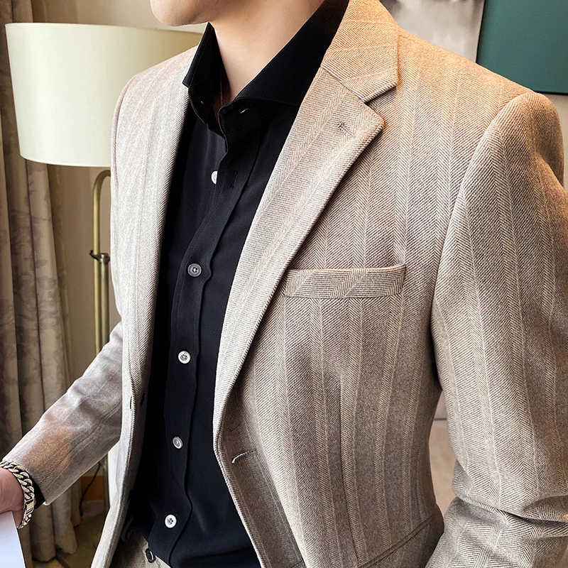 Top Trends: 2023 Spring Autumn Stripe Blazer Jacket Men Clothing Fashion Two Buttons Slim Fit Casual Suits Coat Business Formal Hot S-3XL Shoppable Styles